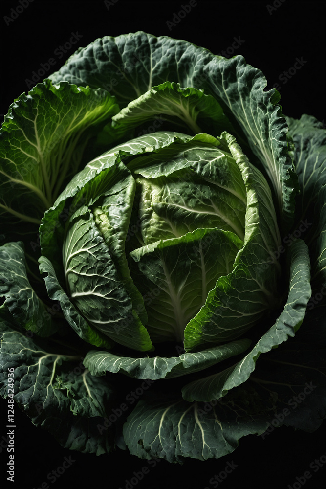 Obraz premium Vibrant, juicy cabbage on a dramatic black background. Perfect for food photography, culinary projects, and showcasing fresh produce