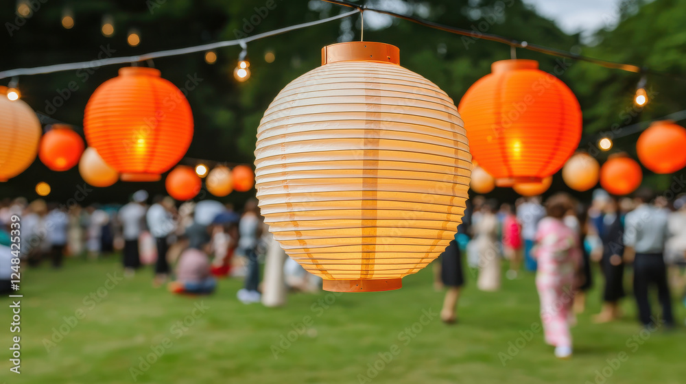 Fototapeta premium Japanese lanterns glowing at festive outdoor celebration