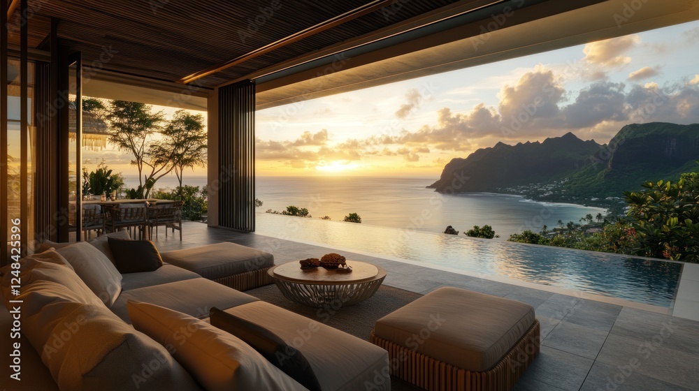 Fototapeta premium Luxurious Ocean View Villa Sunset Terrace Design