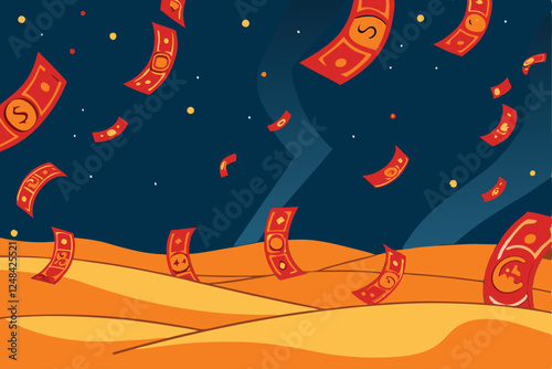 Create a surreal vector artwork depicting a desert landscape composed of unexpected, vibrant, geometric shapes and textures.  Focus on unusual color palettes and dreamlike atmosphere.