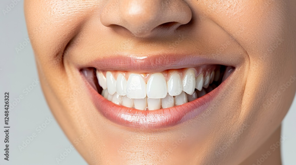 Fototapeta premium World Oral Health Day.Close-up of a smiling mouth showcasing clean, white, straight teeth and healthy gums.