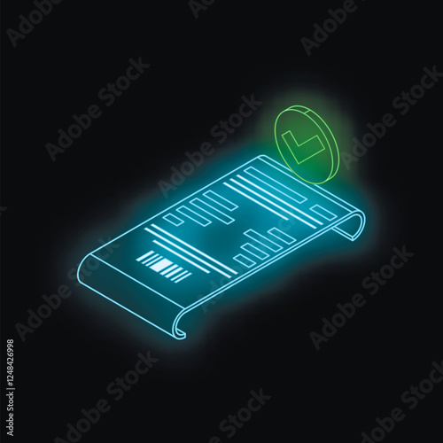 Futuristic glowing neon receipt with green check mark icon confirming successful transaction on black background