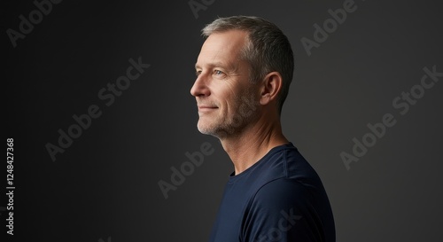 Mature Man with Gray Hair Posing Against Dark Background - Portrait Photograph of Pensive Man