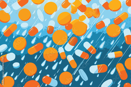 Create a vibrant vector background featuring falling pharmaceutical pills in a dynamic, swirling motion.  Focus on realistic pill shapes and colors.
