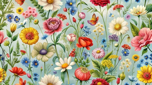 A vibrant tapestry of wildflowers, showcasing a profusion of colorful blossoms and delicate foliage against a serene pastel background, creating a captivating floral composition.