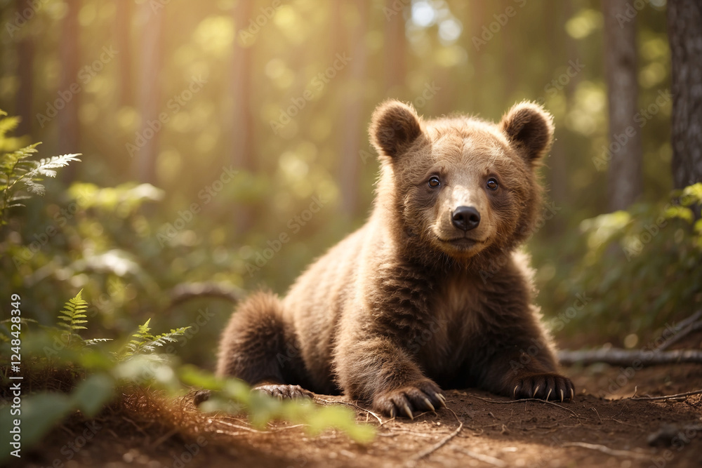 Obraz premium Cute bear cub enjoying a sunny day! Adorable wildlife scene perfect for nature projects, children's books, and heartwarming content