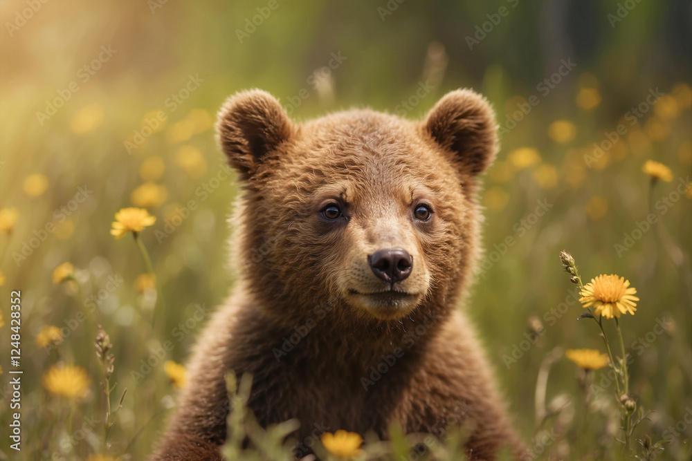 Obraz premium Cute bear cub enjoying a sunny day! Adorable wildlife scene perfect for nature projects, children's books, and heartwarming content