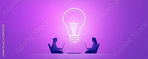 Two individuals sit facing each other with laptops, surrounded by a purple background and a glowing light bulb above them, symbolizing collaboration and innovation.