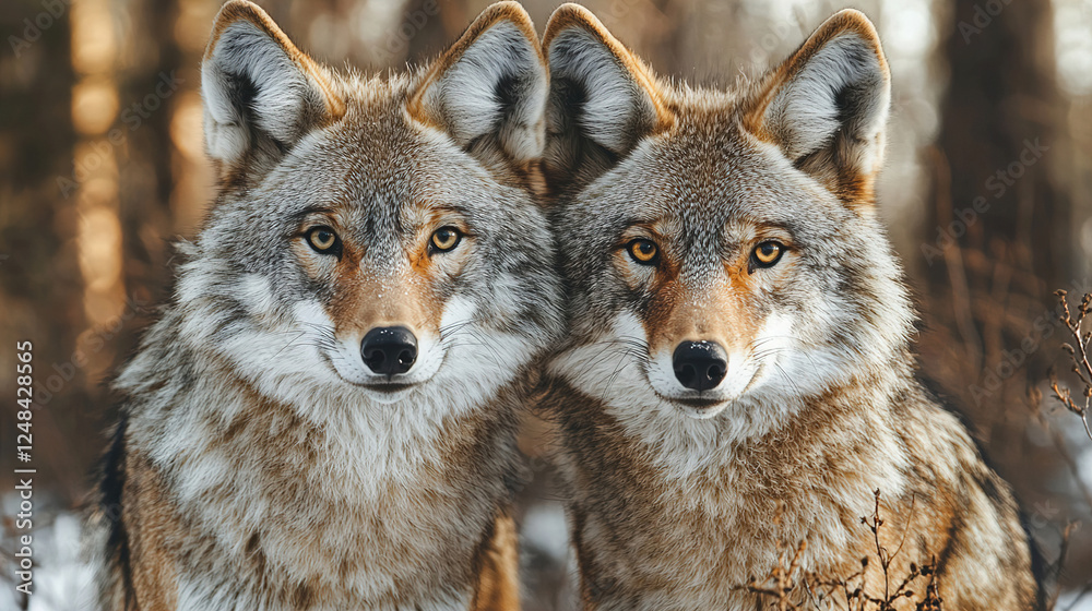 Obraz premium Two wolves standing side by side in a snowy forest setting during the winter season at dawn. Generative AI