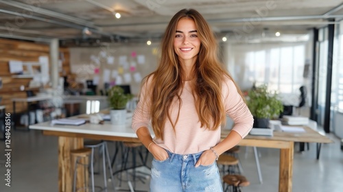 young woman with long, flowing hair stands in a stylish office space, wearing a light pink top and jeans while smiling. background features contemporary furniture and plants