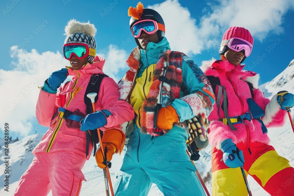 Colorful skiwear fashion in snowy mountain landscape. Colorful skiwear fashion in snowy mountain landscape.