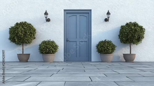 Blue door, potted plants, and stone pavement on a white wall.