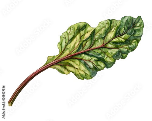 Single swiss chard leaf on white background with red stem