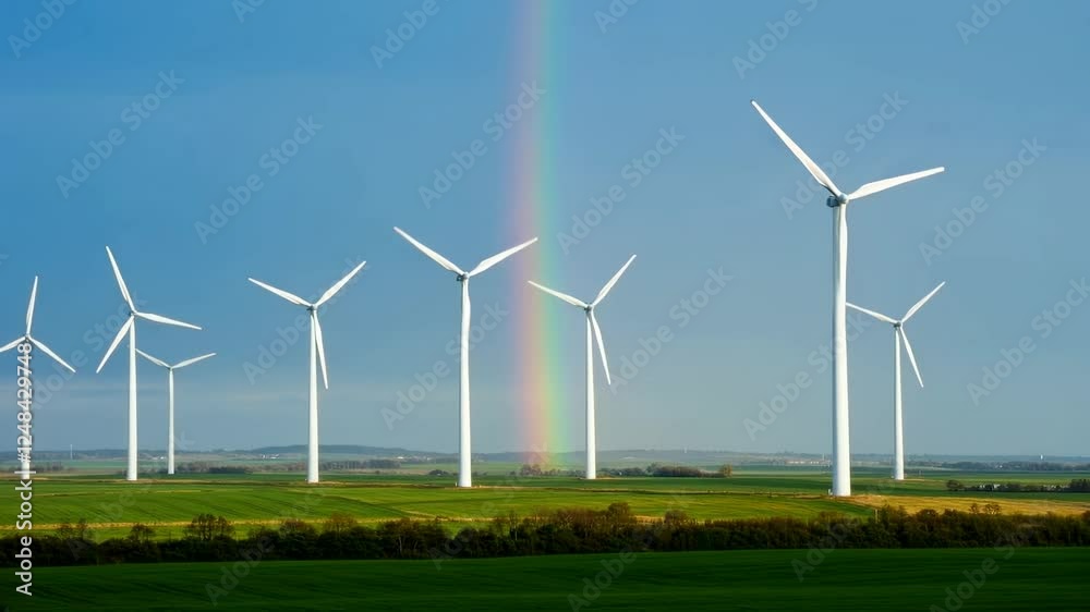 Breathtaking View of Wind Turbines under a Vibrant Rainbow in a Scenic Green Landscape Breathtaking View of Wind Turbines under a Vibrant Rainbow in a Scenic Green Landscape