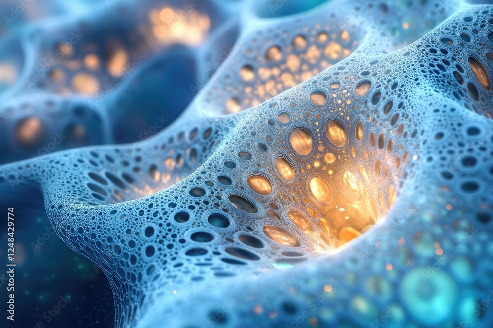 Abstract fractal artwork depicting a mesmerizing, glowing blue and gold organic structure with intricate, bubble-like patterns. Abstract fractal artwork depicting a mesmerizing, glowing blue and gold organic structure with intricate, bubble-like patterns.
