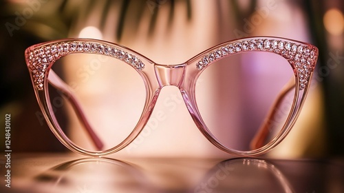 Elegant rose colored eyeglasses with rhinestones, reflecting on the surface and a blurry background
