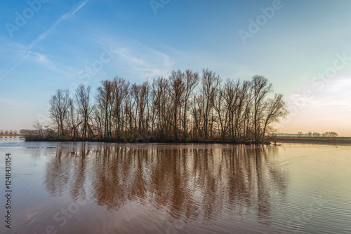 Obraz na płótnie Silhouettes of bare trees reflected in the water of a small lake. It is the end of a sunny day in the Dutch winter season. w salonie