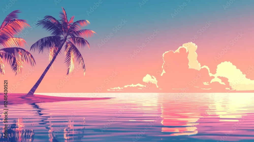 Fototapeta premium Tranquil Sunset Paradise: Palm Trees, Pink Sky, Serene Ocean