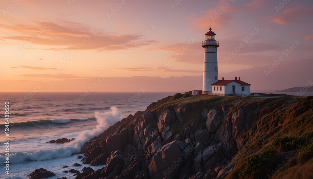 Naklejka premium A lighthouse standing tall on a rocky cliff, overlooking the ocean as waves crash against the shore. The sky is painted in shades of orange and pink during sunset.
