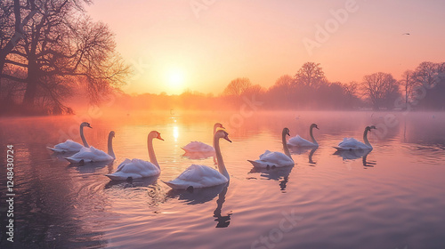 Swans gracefully glide on a serene lake during sunrise, surrounded by mist and trees at dawn. Generative AI