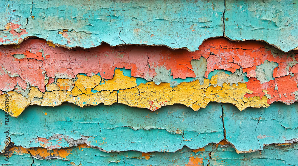 Obraz premium Distinct layers of peeling paint showcasing vibrant colors and patterns on a weathered surface in a urban setting. Generative AI