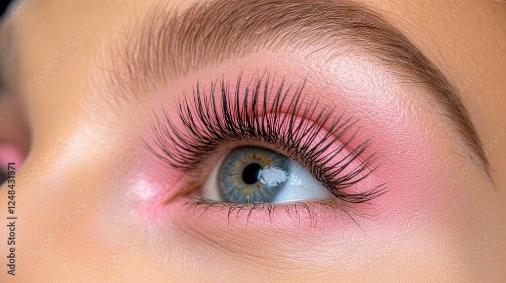 womans eye is prominently featured, highlighting stunning long eyelashes and vivid pink eyeshadow. natural light enhances the details, creating a striking appearance womans eye is prominently featured, highlighting stunning long eyelashes and vivid pink eyeshadow. natural light enhances the details, creating a striking appearance