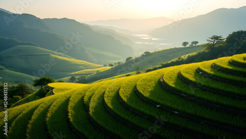 Aerial View of Terraced Rice Fields in Morning Light
