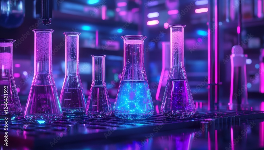 Illuminated Erlenmeyer flasks in a modern lab. Illuminated Erlenmeyer flasks in a modern lab.