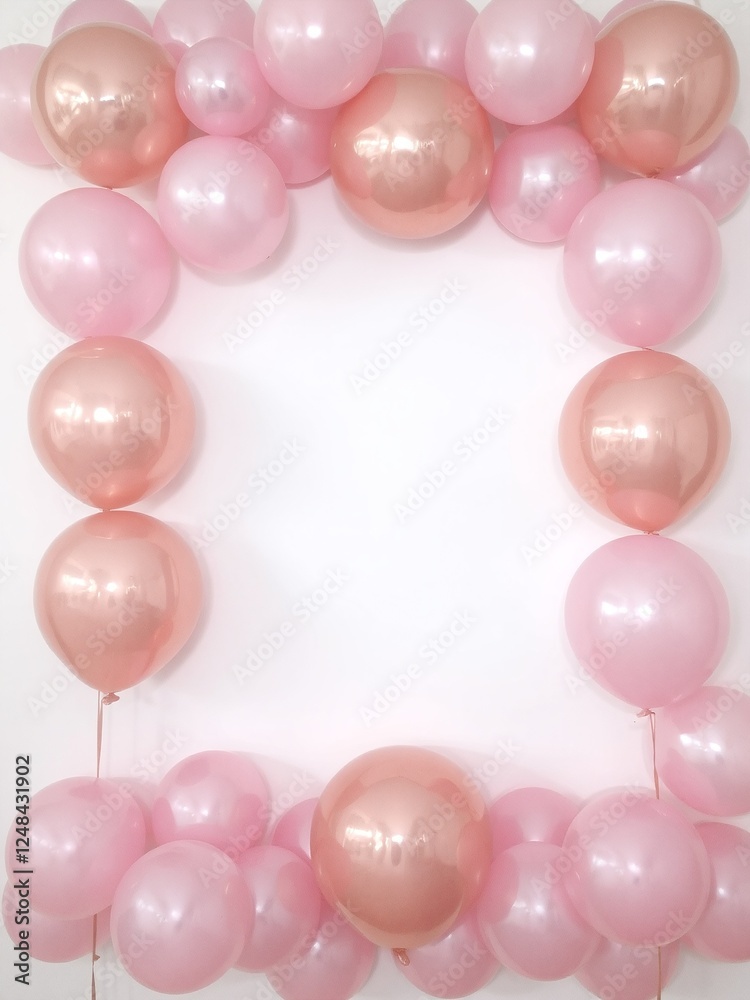 A set of soft pink and metallic rose gold balloons framing a clean white background, perfect for elegant and feminine celebration designs. A set of soft pink and metallic rose gold balloons framing a clean white background, perfect for elegant and feminine celebration designs.