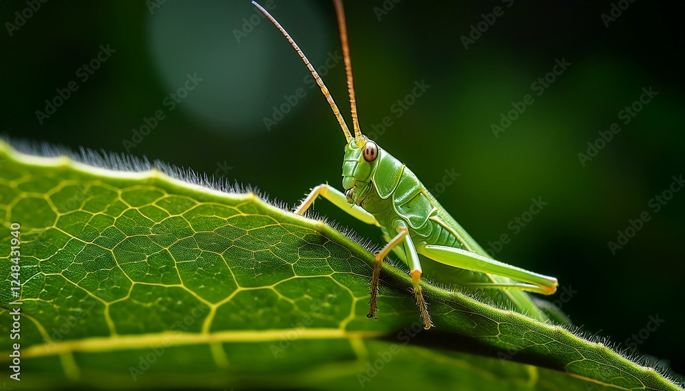 A macro shot of a tiny green grasshopper camouflaged on a leaf, highlighting its textured body and intricate details. The vibrant green hue blends seamlessly with the leaf A macro shot of a tiny green grasshopper camouflaged on a leaf, highlighting its textured body and intricate details. The vibrant green hue blends seamlessly with the leaf