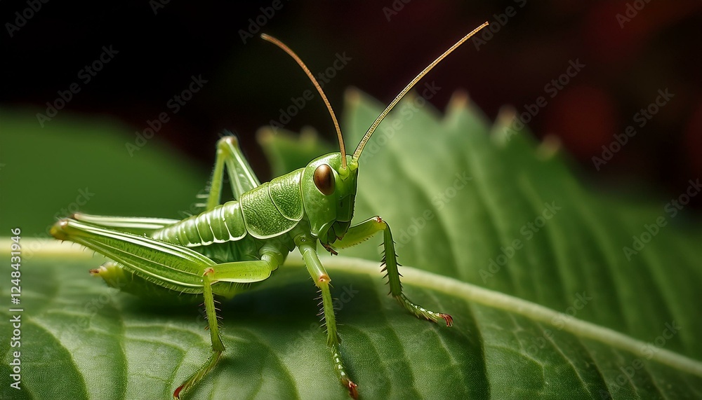 A macro shot of a tiny green grasshopper camouflaged on a leaf, highlighting its textured body and intricate details. The vibrant green hue blends seamlessly with the leaf A macro shot of a tiny green grasshopper camouflaged on a leaf, highlighting its textured body and intricate details. The vibrant green hue blends seamlessly with the leaf