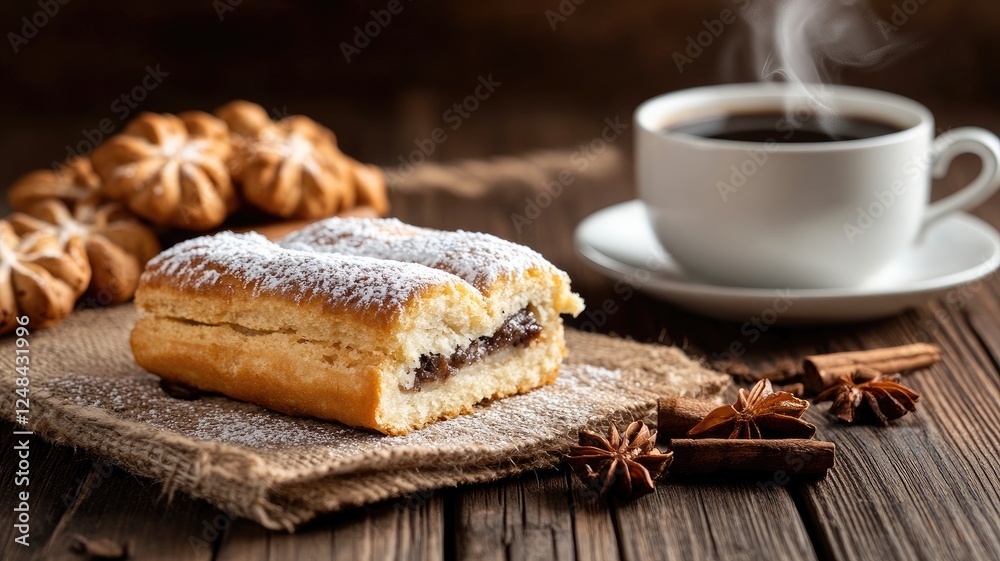 Coffee with pastry and spices on wooden table Coffee with pastry and spices on wooden table