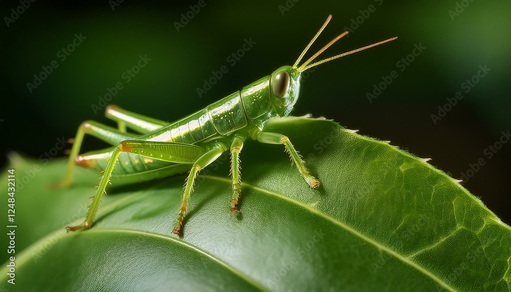 A macro shot of a tiny green grasshopper camouflaged on a leaf, highlighting its textured body and intricate details. The vibrant green hue blends seamlessly with the leaf A macro shot of a tiny green grasshopper camouflaged on a leaf, highlighting its textured body and intricate details. The vibrant green hue blends seamlessly with the leaf
