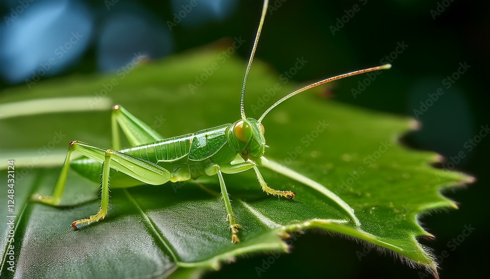 A macro shot of a tiny green grasshopper camouflaged on a leaf, highlighting its textured body and intricate details. The vibrant green hue blends seamlessly with the leaf A macro shot of a tiny green grasshopper camouflaged on a leaf, highlighting its textured body and intricate details. The vibrant green hue blends seamlessly with the leaf