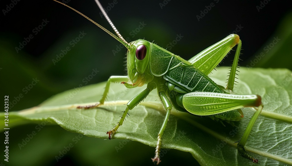 A macro shot of a tiny green grasshopper camouflaged on a leaf, highlighting its textured body and intricate details. The vibrant green hue blends seamlessly with the leaf A macro shot of a tiny green grasshopper camouflaged on a leaf, highlighting its textured body and intricate details. The vibrant green hue blends seamlessly with the leaf