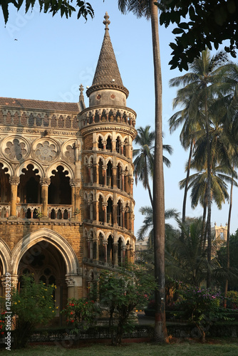 Building facade of University of Mumbai (University of Bombay) in Mumbai city, Maharashtra. Mumbai landmark, monument. Bombay street. Indian style, beautiful colonial architecture, view. Exterior
