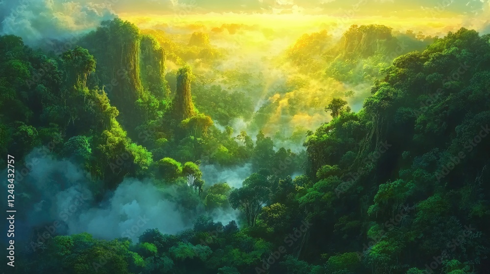 Fototapeta premium Lush Green Mountains Basking In Golden Sunrise Light