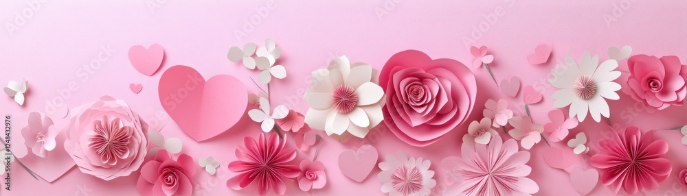 Fototapeta premium Pink Paper Flowers and Hearts Romantic Design