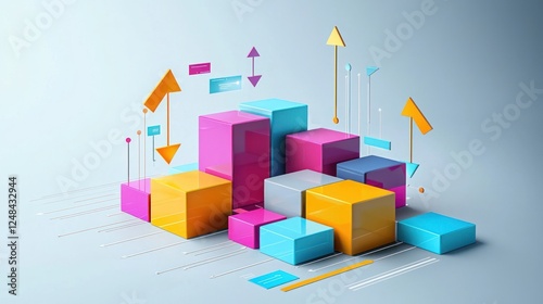 Abstract 3D Colorful Cubes and Arrows Representing Growth and Data Visualization