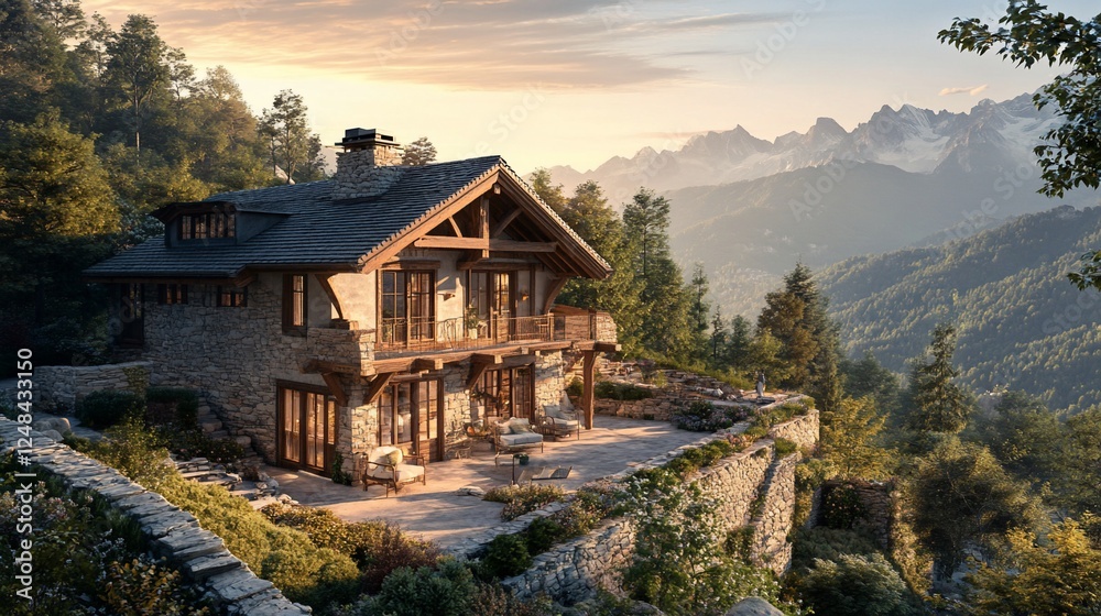 A rustic stone house with a balcony sits atop a mountain overlooking stunning peaks during sunrise A rustic stone house with a balcony sits atop a mountain overlooking stunning peaks during sunrise
