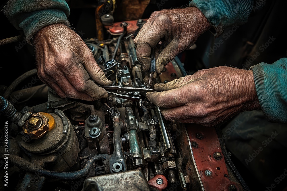 Close-up of gloved hands working on a car engine part.