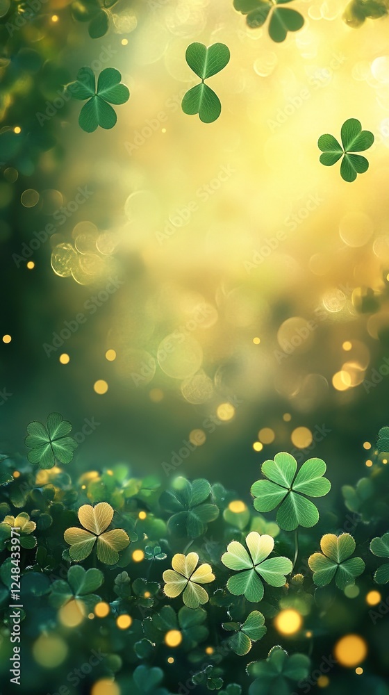 Naklejka premium Green and golden clover leaves create a magical, background. Soft light filters through, illuminating the delicate textures and evoking a sense of luck and tranquility, background for st patrick's day