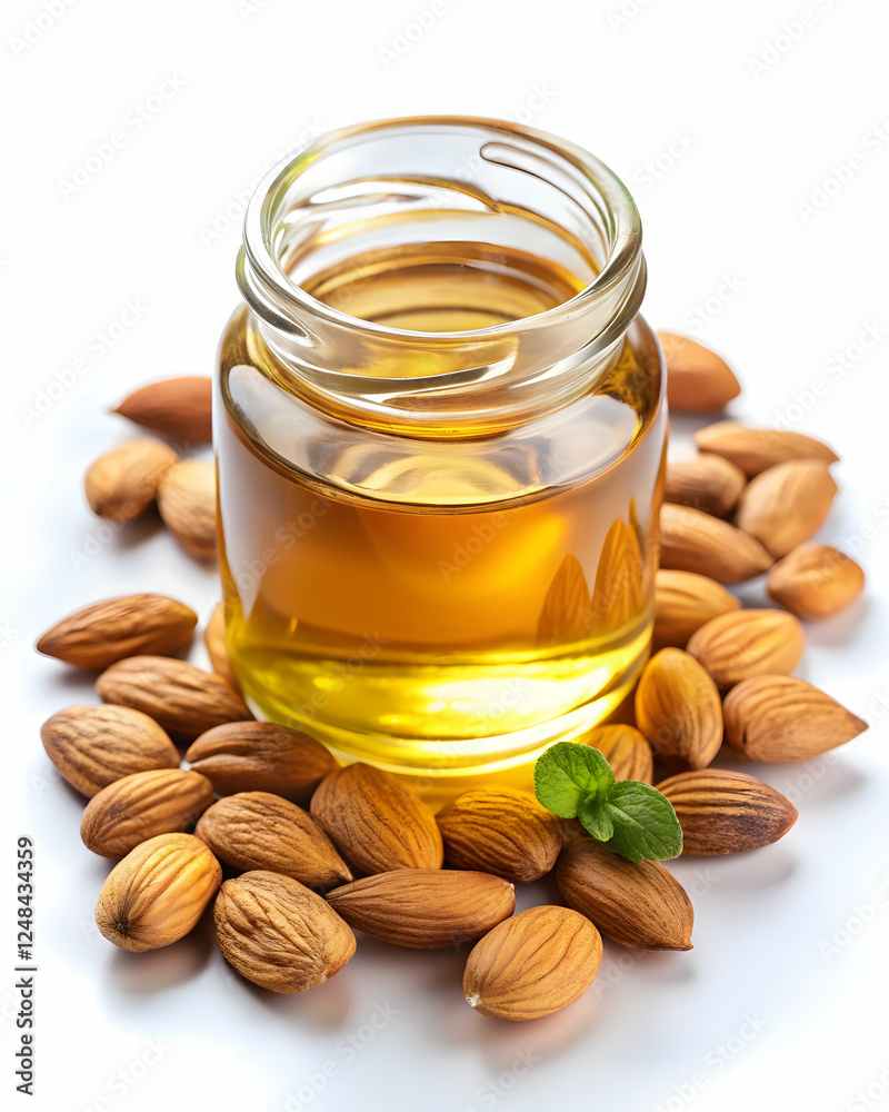 Almond Oil Essence: A close-up view of a glass jar filled with golden almond oil, surrounded by whole almonds and a sprig of mint. The natural light illuminates the rich. Almond Oil Essence: A close-up view of a glass jar filled with golden almond oil, surrounded by whole almonds and a sprig of mint. The natural light illuminates the rich.
