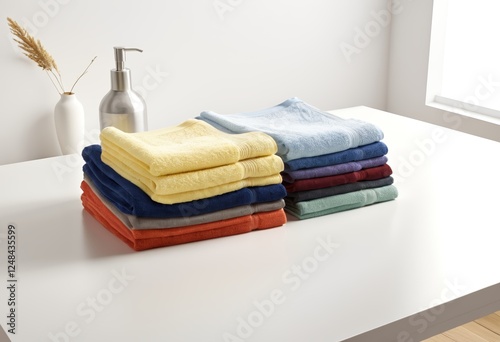 Clothes or towels stacked on tables of different colors looking sideways at no one photo