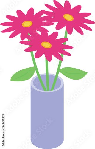 Three pink gerbera flowers with green leaves standing in a purple vase, bringing a touch of nature indoors