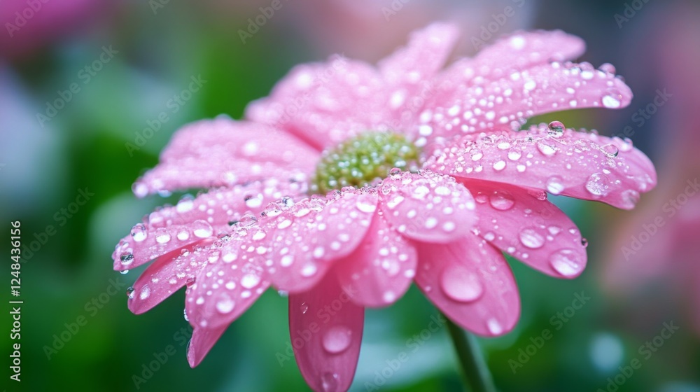 A fresh bloom with tiny droplets of water on its petals, set against a blurred natural background of lush foliage. A fresh bloom with tiny droplets of water on its petals, set against a blurred natural background of lush foliage.