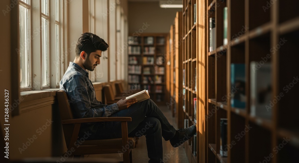 Young Man Immersed in Reading at a Quiet Library, Highlighting the Peaceful Study and Learning Environment with Sunlit Shelves Young Man Immersed in Reading at a Quiet Library, Highlighting the Peaceful Study and Learning Environment with Sunlit Shelves