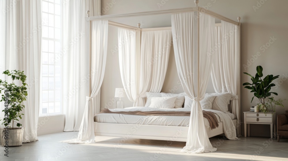 Fototapeta premium A large, elegant four-poster bed with flowing white curtains, set in a spacious room with soft, natural lighting.
