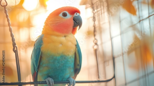 Vibrant Sun Conure Parrot in its Cage, basking in the golden hour light, feathers gleaming, a tropical bird in captivity photo