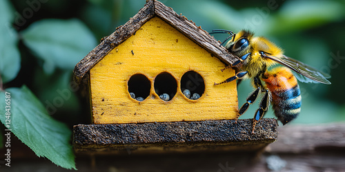 vibrant bee approaching colorful beehive, showcasing nature pollinators